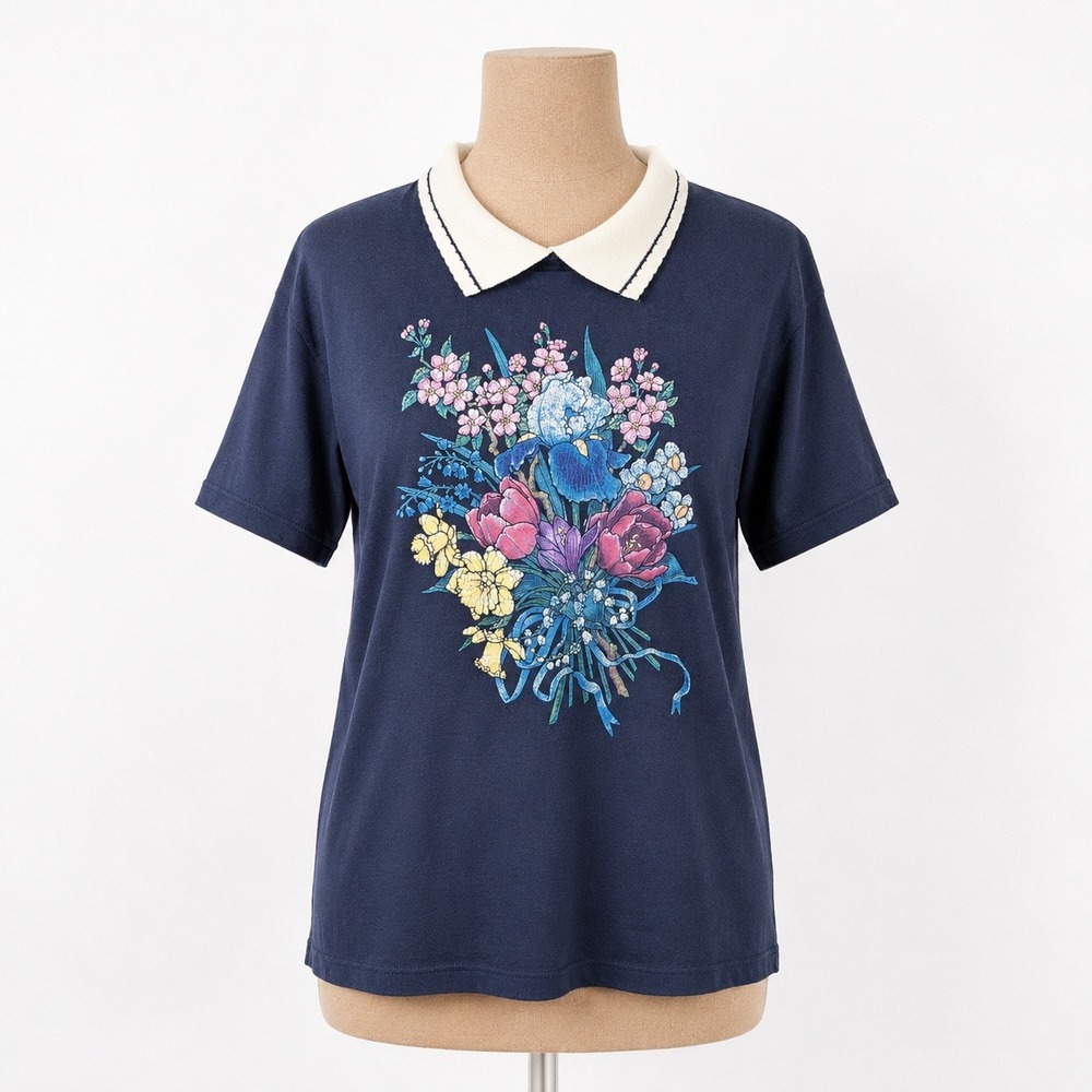 Vintage 90s Floral Graphic Peter Pan Collar T Shirt Sz L Blue Cottagecore Granny